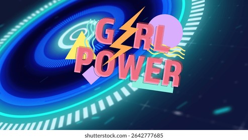 Floating pink GRL POWER text hovering over neon geometric shapes, with yellow lightning bolt. Futuristic, neon, holographic, geometric, digital, empowering, vibrant