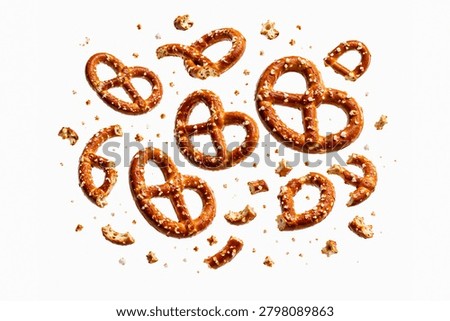 floating pretzel composition featuring whole salted pretzels, broken pretzel pieces, crunchy pretzel fragments, and scattered crumbs suspended in mid air. Isolated on a pure white background with authentic baked texture, golden brown crust, visible coarse salt crystals, natural imperfections, and soft natural shadows. Professional commercial food photography ideal for snack advertising, bakery products, food packaging, beer and pub concepts, Oktoberfest promotions, party snacks, restaurant marketing, and commercial branding. High resolution stock image with clipping path style presentation and premium microstock quality.