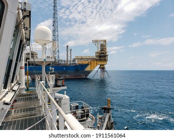 Floating Production Storage And Offloading (FPSO) Vessel, Oil And Gas Indutry. View From Ship