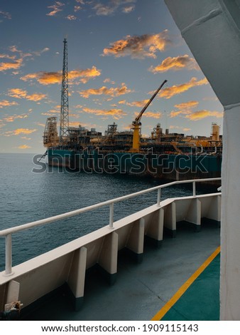 Floating production storage and offloading (FPSO) vessel, oil and gas indutry. View from ship