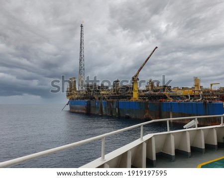 Floating production storage and offloading FPSO vessel, oil and gas indutry. View from ship
