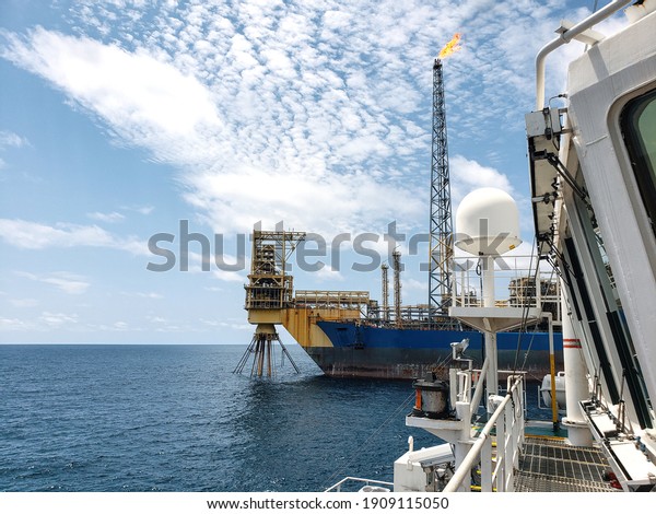 Floating production storage and\
offloading (FPSO) vessel, oil and gas indutry. View from\
ship