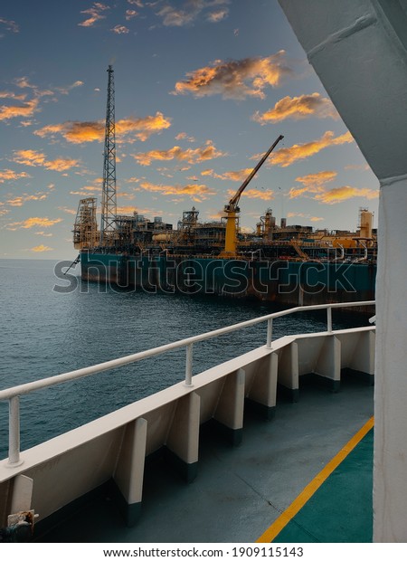 Floating production storage and\
offloading (FPSO) vessel, oil and gas indutry. View from\
ship