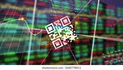 Floating QR code icon hovering center on dashboard, with stock tickers, line graph and grid overlay. Technology, finance, digital, cryptocurrency, analytics, data visualization, futuristic