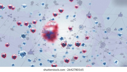 Floating red and blue virus particles drifting across virtual network nodes, with social icons. Digital, technology, futuristic, connectivity, cybersecurity, abstract, innovation