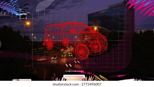 Floating red wireframe van hovering above multilane road at night, showing translucent grid overlay. Holographic, vehicle, neon, futuristic, urban, nocturnal, cityscape - Powered by Shutterstock - Get 15% off with code: PIKWIZARD15