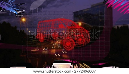 Floating red wireframe van hovering above multilane road at night, showing translucent grid overlay. Holographic, vehicle, neon, futuristic, urban, nocturnal, cityscape