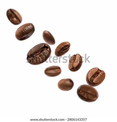 Floating roasted coffee beans arranged in midair on a white studio background for gourmet coffee and beverage design.
