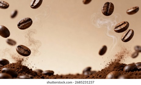 Floating Roasted Coffee Beans Presentation Background Photo