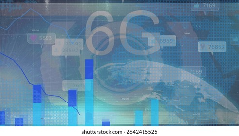 Floating semi-transparent 6G hovering over Earth in digital space, showing grid, charts and widgets. Technology, innovation, connectivity, networking, data, digital, futuristic - Powered by Shutterstock - Get 15% off with code: PIKWIZARD15