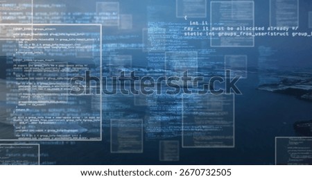 Floating semi-transparent code panels drifting over calm water with rocky islets, digital montage. Futuristic, technology, serenity, innovation, abstract, digital art, visionary