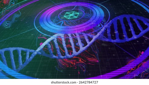 Floating semi-transparent DNA double helix hovering above interface grid with holographic rings. Futuristic, biotech, data, visualization, digital, high-tech, science