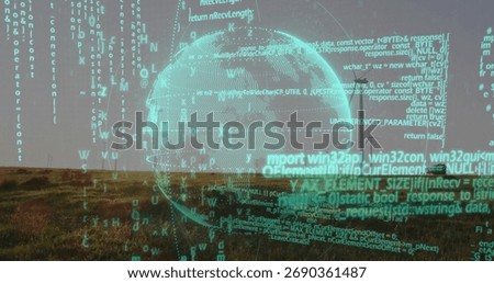 Floating semi-transparent wireframe globe hovering over grassy meadow, with neon-green code streams. Futuristic, technology, innovation, digital, environmental, abstract, sci-fi