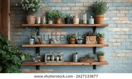 Floating shelves displaying decorative objects and potted plants