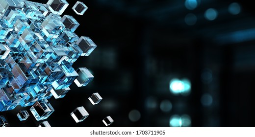 Floating shiny cube network . Mixed media