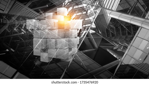Floating shiny cube network . Mixed media