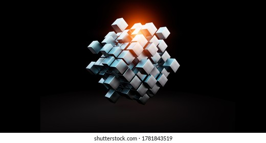 Floating shiny cube network . Mixed media