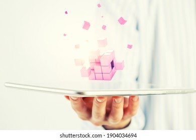 Floating shiny cube network . Mixed media