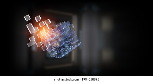 Floating shiny cube network . Mixed media