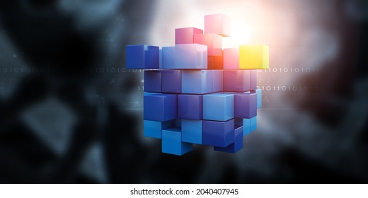 Floating shiny cube network . Mixed media