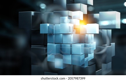 Floating shiny cube network . Mixed media