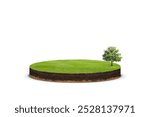 Floating slice of land with green grass surface and soil section with tree. land grass texture and empty grass field isolated. 3d rendered, isolated grass field