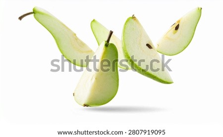 Floating sliced green pears with refreshing juicy texture isolated on clean white background creating a modern fresh fruit advertising concept.