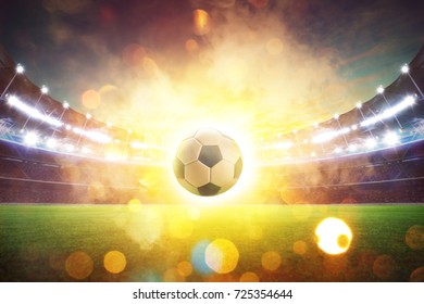 Floating soccer ball at the football stadium with smoke and bokeh abstract  
background. - Powered by Shutterstock