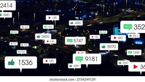 Floating social notification bubbles hovering above urban interchange at night, with light trails. Cityscape, overpass, highway, traffic, afterdark, neon, glow