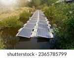 Floating solar panels in the canal. Floating Solar Farm. Anchoring and Mooring System.