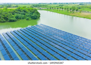 floating solar panels and cell Platform on the water shot by drone