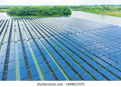 floating solar panels and cell Platform on the water shot by drone