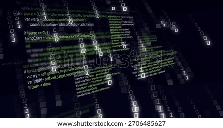 Floating source-code columns streaming binary 1 and 0 over translucent vertical planes, dim grid. Neon, matrix, volumetric, cyberpunk, panels, dataflow, futuristic