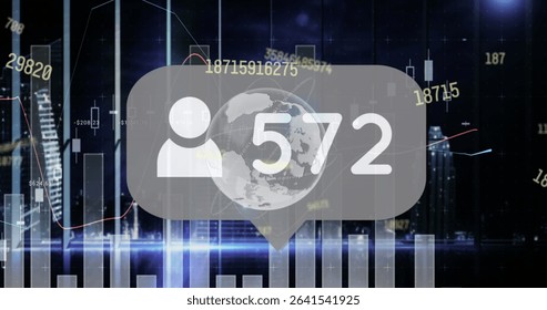 Floating speech-bubble overlay featuring avatar, globe, 572 label over chart-filled dashboard. Technology, innovation, data, analytics, finance, digital, hud