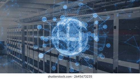 Floating sphere mapping network nodes inside data center, with server cabinets or switches or trays or ducts. Technology, cybersecurity, innovation, connectivity, futuristic, infrastructure, digital