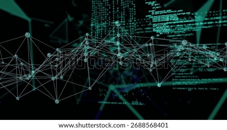 Floating spherical nodes forming network in virtual space, with lines and glowing code overlays. Futuristic, technological, digital, data, virtual, abstract, connectivity