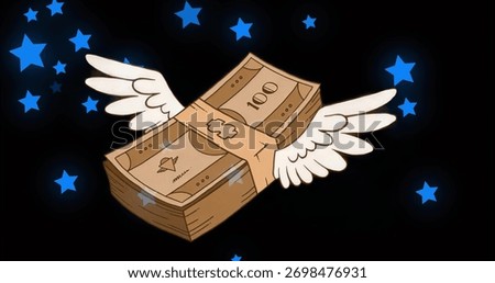 Floating stack of money flapping white feathered wings in abstract digital scene, with blue stars. Wealth, finance, digital art, fantasy, prosperity, allegory, ethereal