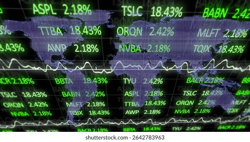 Floating stock ticker symbols, % values over stylized world map on trading screen, with line graphs. Finance, technology, data visualization, analytics, trading, stock exchange, digital interface