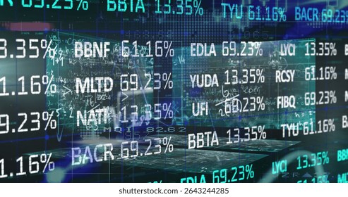 Floating stock tickers and percentages dancing over laptop screen in trading setup, teal grids. Finance, technology, data, analytics, digital, futuristic, investment