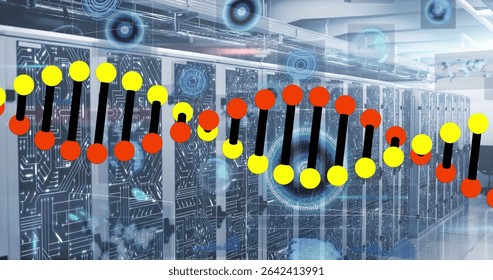 Floating stylized DNA helix in data center aisle, with server racks, blue HUD overlays. Technology, innovation, cybersecurity, data, digital, futuristic, network