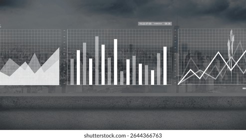 Floating three translucent data panels hovering above concrete rooftop edge, timestamp overlay. Futuristic, analytics, technology, digital, urban, abstraction, innovation - Powered by Shutterstock - Get 15% off with code: PIKWIZARD15