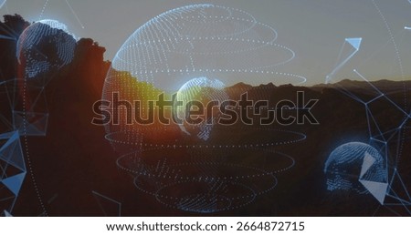 Floating three wireframe globes glowing with blue dots above mountain ridge at sunset, with nodes. Futuristic, technology, digital, innovation, geometric, network, abstract