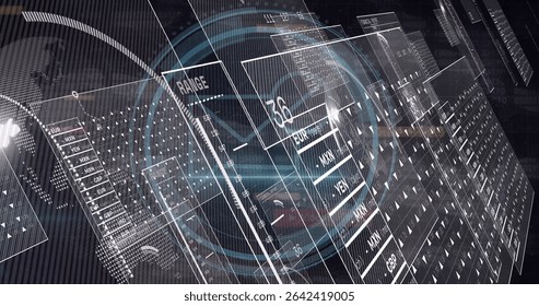 Floating translucent 3D panels in digital visualization space, showing currency code readouts. Holographic, futuristic, data, technology, interface, digital, cyber