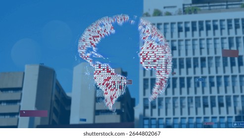 Floating translucent 3D pixel globe hovering over urban street scene, with red and blue UI tags. Technology, data visualization, digital interface, modern architecture, innovation, business district,