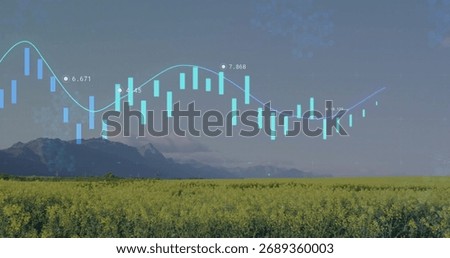 Floating translucent candlestick line graph overlaying farm with yellow crops and data labels. Agriculture, investment, data visualization, rural landscape, financial analysis, seasonal, scenic