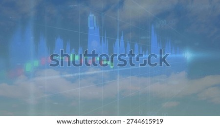 Floating translucent candlesticks overlaying sky, showing blue histogram, grid and flare. Holographic, dataviz, finance, futuristic, cloudscape, abstract, analytics