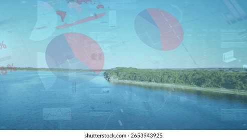 Floating translucent charts and maps with percentage labels above forested shore waterway. Data visualization, analytics, technology, business, innovation, aquatic, natural
