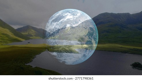 Floating translucent Earth globe blending with loch surface in highland valley, reflecting clouds. Landscape, lake, mountains, meadow, sphere, overlay, overcast