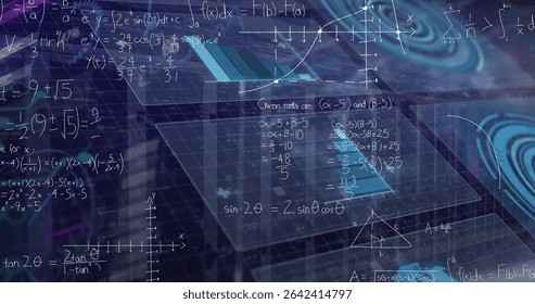 Floating translucent grid interface displaying math formulas, axes and triangle in AR, with waves. Futuristic, technology, abstract, innovation, graphic, virtual, conceptual