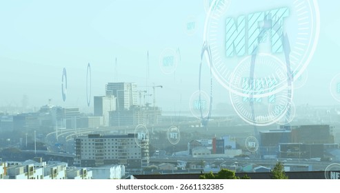 Floating translucent NFT token hovering above city at hilltop, with freeway, buildings, copy space. Urban, skyline, architecture, technology, digital, modern, development